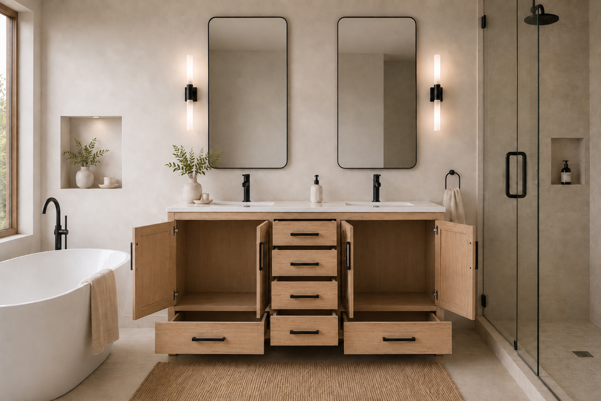 Ashley 60″ Natural Oak Bathroom Cabinet (Double Bowls)