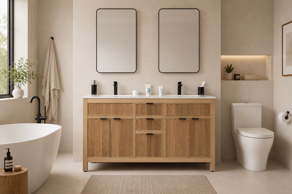 Catalina Natural OAK 60″ Double Bowls Bathroom Cabinet